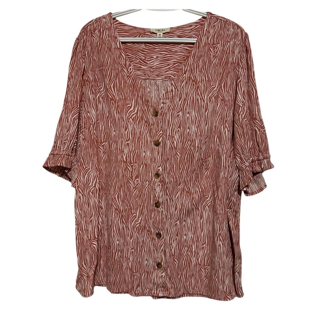 Como Blu Women's Coral White Short Sleeve Button Up V-Neck Blouse Size 2X